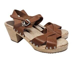 MIA 40 Swedish Sandal Clog Wooden Brown Leather Boho Twee Cottage Chunky